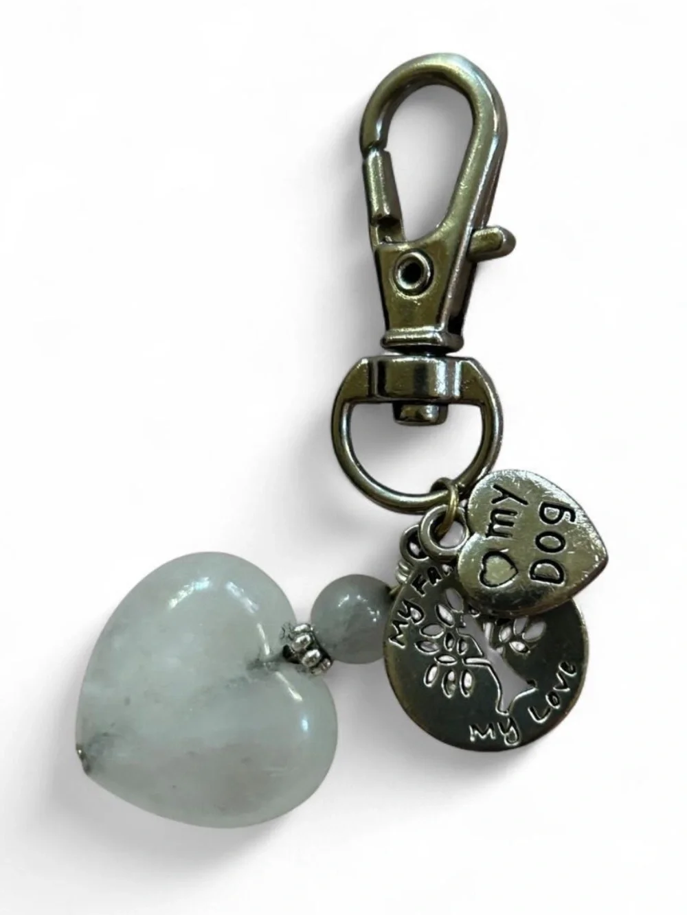 Pale Green Heart Keychain Charm with “My Love.. Dog & Family”